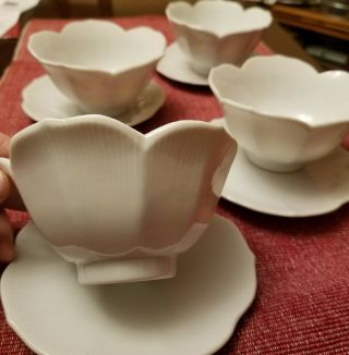 Set Of 4 Vintage White Porcelain Japan Lotus Rice Soup Bowls With Saucers Plates