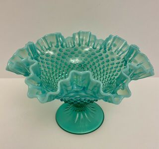 Vintage Fenton Large Hobnail Green Opalescent Compote Footed Bowl Euc