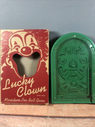 Vintage Lucky Clown Miniature Pin Ball Game Box Green Case Hero Mfg (2)