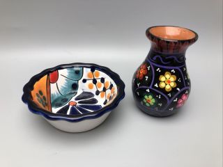 Mexico Clay Pottery Small Bowl And Bud Vase Set Hand Painted Folk Art