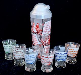 Vintage Glass Cocktail Shaker Mixer Set W/6 Shot Glasses Mcm Songs Music Lyrics