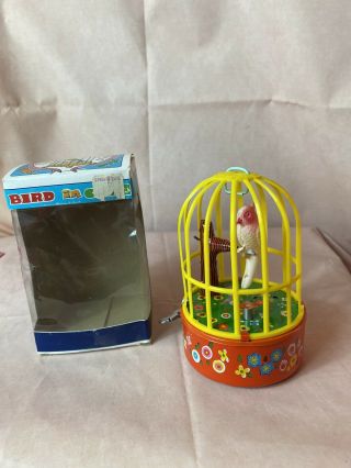 Vintage Singing Bird In Cage Tin Litho Wind Up Toy By Yone
