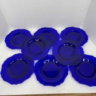 Set Of 8 Vintage Scalloped Cobalt Blue Glass 8 " Plates Dessert Salad