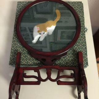 Japanese Glass Silk Hand Embroidery Cat Framed Double - Sided On Wood Stand & Box