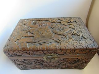 Vintage Ornate Carved Wood Jewelry Trinket Box Asian Dragon Large 52060