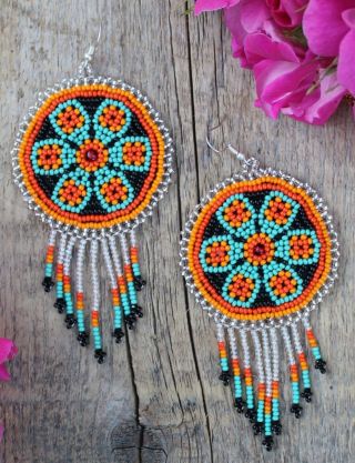1 Long Beaded Earrings Traditional Huichol Indian Handmade Mexican Folk Art