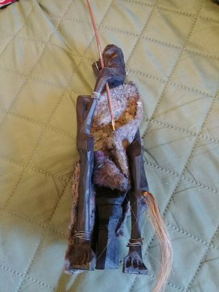 Native African Wood Tribesman,  Primitive Hand Carved,  Sitting W/spear & Cover