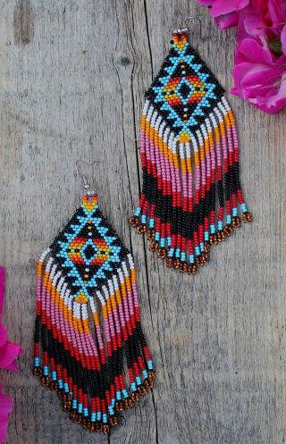 Long Shoulder Duster Earrings Huichol Indian Hand Beaded Mexican Folk Art
