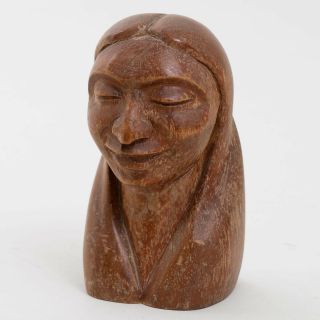 Signed Jose J.  Pinal Wood Carving Bust Woman Sculpture 5.  5 " T Mexican Folk Art
