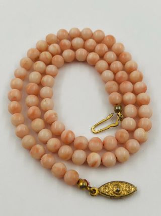 Vintage Natural Pink Angel Skin Coral 5.  5mm Ball Bead Graduated Necklace 17.  5 "