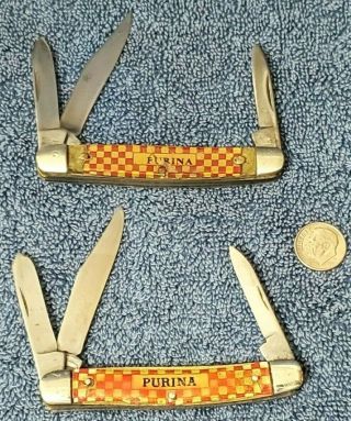 2 Vintage Kutmaster Utica Ny Purina 3 Blade Stockman Pocket Knife Usa Knives