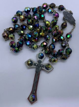 Vintage Rosary Silver Tone Crucifix Cross Carnival Glass Beads Necklace Italy