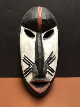 Wooden Ghana African Tribal Art Wall Mask Hand Carved Wood Red Black White