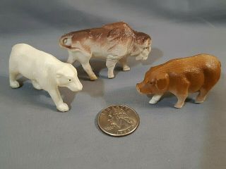 3 Vintage Celluloid Plastic Animals Made In Usa Pig Bison Bear