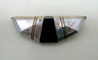 Vintage 925 Sterling Silver & 18k Gold Pin Brooch With Black Onyx