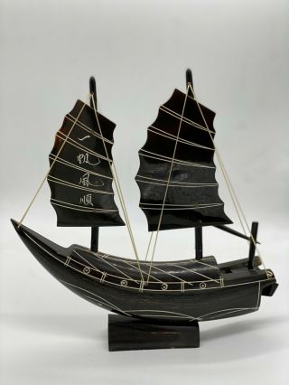 Water Buffalo Horn Hand Carved Black Ship Chinese Junk Boat