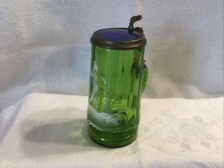 Vintage Antique 5” Green Glass Mug Stein Mary Gregory Style White Enamel Paint