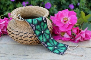 Huichol Indian Handmade Beaded Traditional Bracelet Green Peyote Mexico Folk Art
