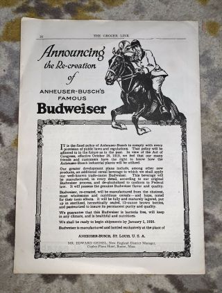 Rare Budweiser 1919 Pre Prohibition Ad