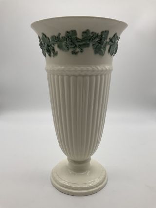 Vintage Wedgwood Etruria Queensware Large Trumpet Vase,  White With Green Vine