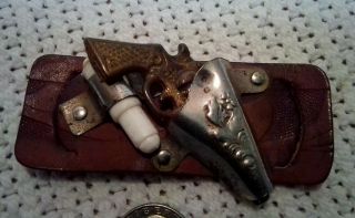 Vintage Miniature Toy Pistol & Bullet In Metal Holster / Leather Holder