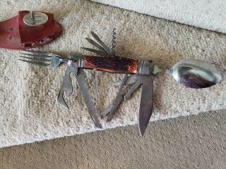 Vintage Camp Knife Multi Tool W/ Spoon And Fork 11 Blades & Case Boy Scout Japan