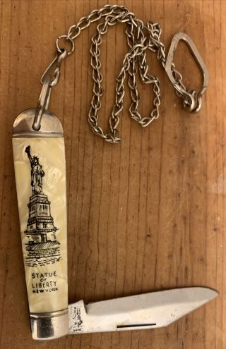 Imperial Usa Pocket Knife Single Blade W/14 " Chain Statue Of Liberty,  York