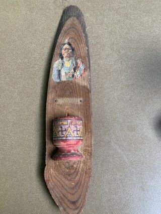 Great Vintage Folk Art Indian Chief Match Holder On Wood Slice