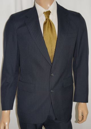 38r Vintage 1990s Halston Beverly Hills 2 - Piece Suit Men 38 Navy Pinstripe Wool