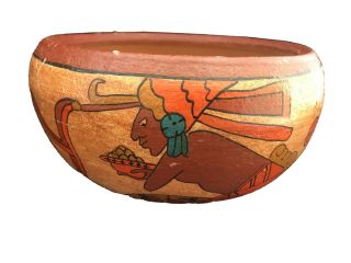 Redware Pottery Bowl Painted Native American Indian Mexican? Mayan? Southwest