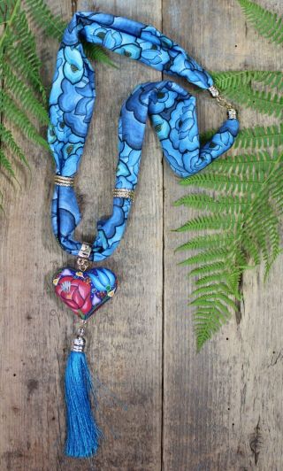 Alebrije Turquoise Puffy Heart Necklace Handmade Painted Oaxaca Mexican Folk Art