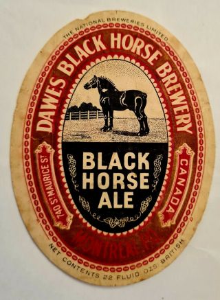 Old Beer Label From Canada/dawes Black Horse Brewery Ltd, . ,  Montreal P.  O