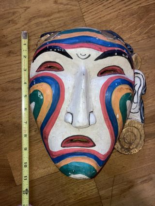 Vintage Carved Wooden Hand Painted African Mask Asian White Colored W/ Earring