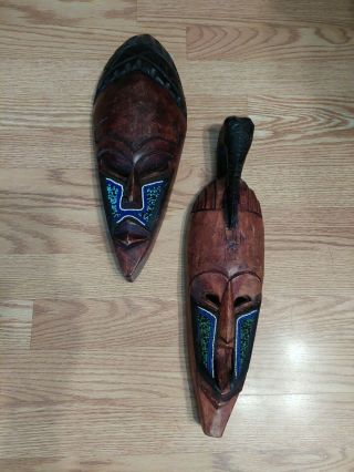 Vintage Hand Carved Ghana African Tribal Art Wall Masks (2) Wood Beads 5 " X 16 "