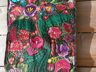 Mexican Table Runner Hand Woven In Mexico Quetzal Bird Flowers 86” By 14”