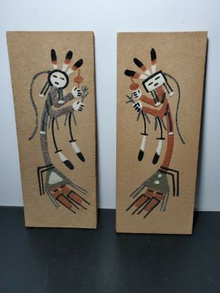 Vintage Native American Navajo Sand Art Southwest Set Of 2 Healing Signed 10x4 "