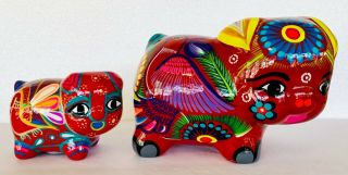 2 Mexican Talavera Pig Pottery Flower Ceramic Piggy Bank Hand Painted Figurine