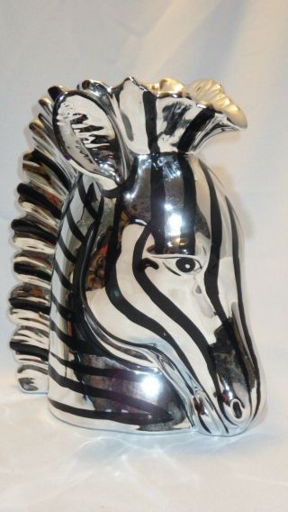 Vintage Fitz & Floyd Large Faux Silver Glazed Ceramic Zebra Head Vase