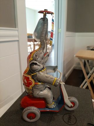 Vintage Germany Us Zone Tin Circus Elephant On Scooter Wind Up.
