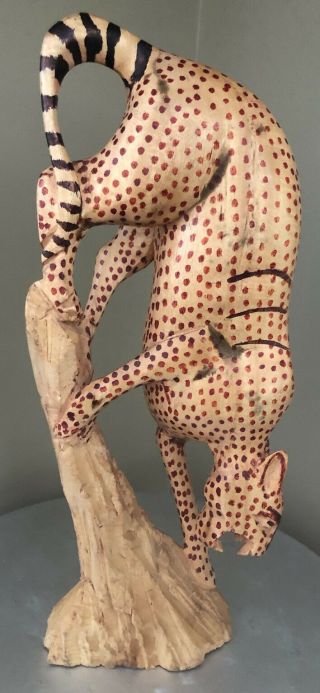 Stunning Hand Carved Wood Cheetah Climbing Down Tree Wooden Cat 13 " Tall