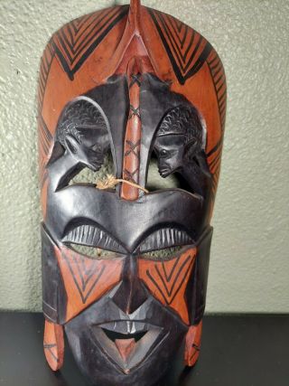 Large African Hand Carved Wooden Tribal Mask Wall Hanging Great Detail 14 "