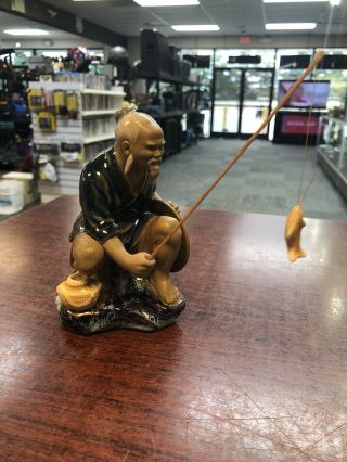 Shiwan Ceramic Art Mud Man Fisherman 5 " Figurine,  Fishing Pole W/ Ceramic Fish