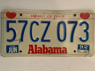Vintage Jun 1992 Alabama License Plate Tag Licence Heart Of Dixie 57cz073