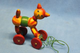 Vintage Wooden Pull Toy Cat Kitty Made In Japan