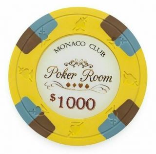 100 Yellow $1000 Monaco Club 13.  5 Gram Clay Poker Chips - Buy 3 Get 1