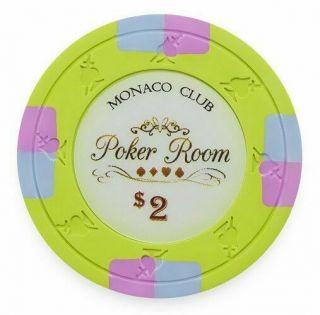 100 Light Green $2 Monaco Club 13.  5 Gram Clay Poker Chips - Buy 3 Get 1