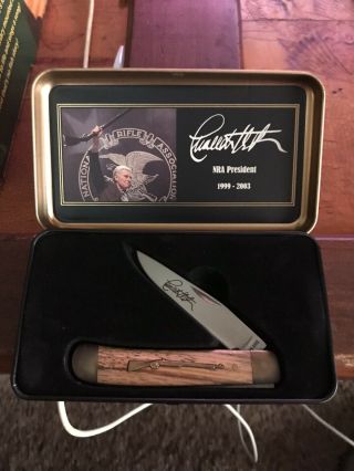 Nra Charlton Heston Folding Pocket Knife In Metal Case And Box 3 1/2 "