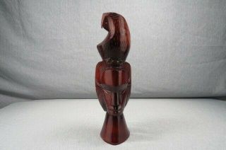 Vintage African Primitive Wood Hand Carved Head With Bird/ Parrot On Top Of It