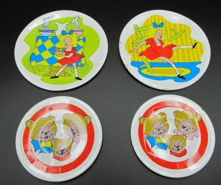 Vintage 50s 60s Goldilocks & The Three Bears 4 Pc Tin Toy Play Dishes Tea Plates