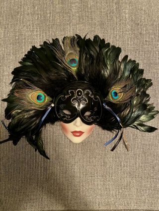 Vintage 1992 Clay Art Ceramic Mask Feathers Peacock Wall Hanging Rare